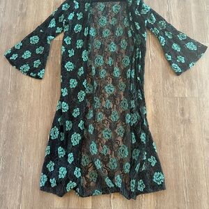 Crazy Train Black and Teal Floral Lace Kimono